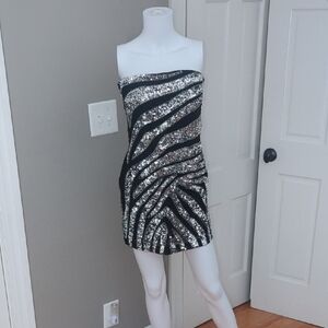 NBD Strapless Black and Silver Sequin Dress